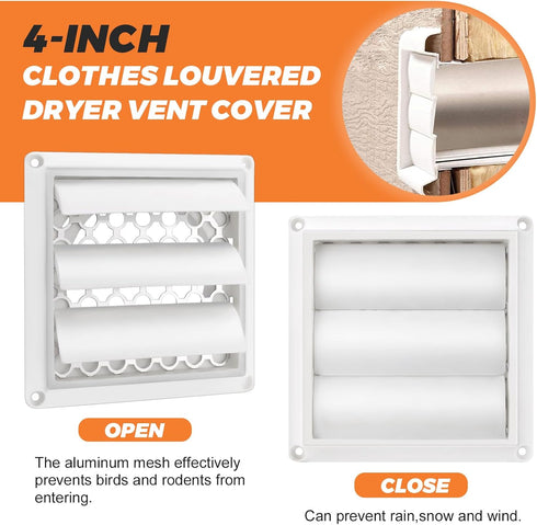 4" Louvered Dryer Vent Cover by Beaquicy - Outdoor White Exhaust Cap with Aluminum Built-in Pest Guard Screen & Screws
