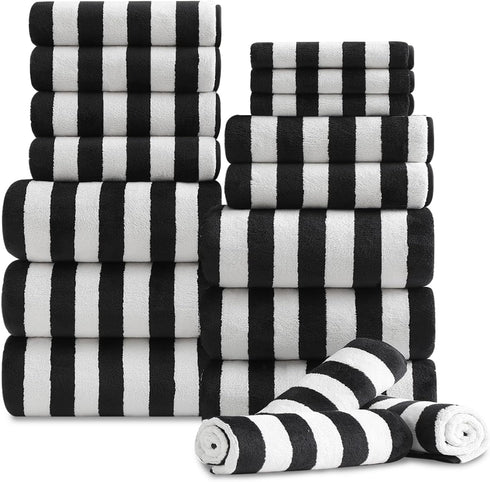 18 Pcs Black White Stripe Bath Towel Set with Hanging Loop-6 Bath