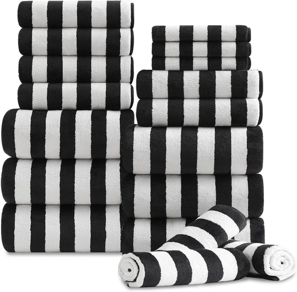 18 Pcs Black White Stripe Bath Towel Set with Hanging Loop-6 Bath