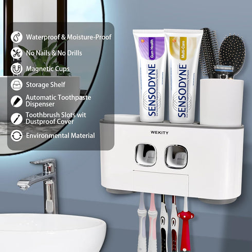 5 2 4 Toothbrush Holder Wall Mounted, WEKITY Multi-Functional Toothbrush and Toothpaste Dispenser for Bathroom