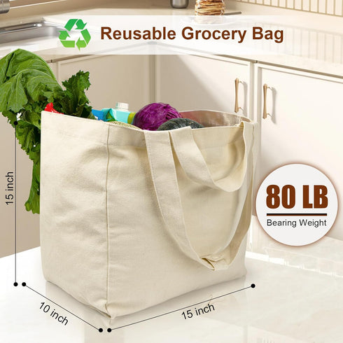 VitaSerena Handles(3pc Canvas Grocery Bags with Dual XL), Large Reusable Shopping Bags for Groceries, Inner Pockets