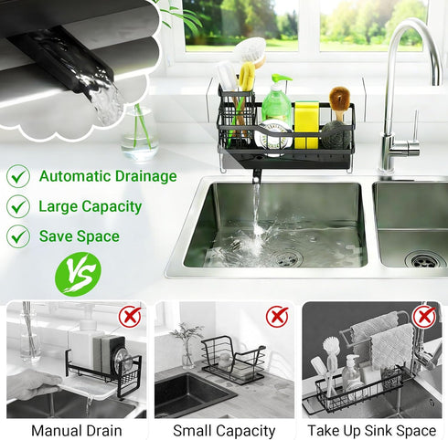 Countertop, Sponge Holder for Kitchen Sink, Self-Draining Sink Caddy Organizer with Removable Brush Holder, Rustproof