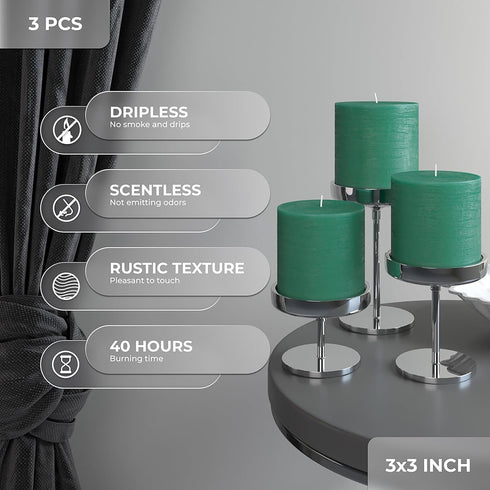 CANDWAX Set of 3 Rustic Unscented 3x3 Pillar Candles - No Drip Green Candles for Home Decor