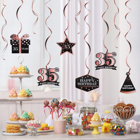 LINGTEER Happy 35th Birthday Decorations, 12 Pcs Black & Rose Gold Foil Swirls Streamer Set for 35 Years Old