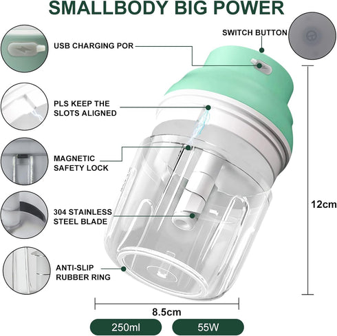 Electric Garlic Chopper 250ML, Mini 2 in 1 Food Chopper with Egg Beater, USB Portable for Veggies and Garlic