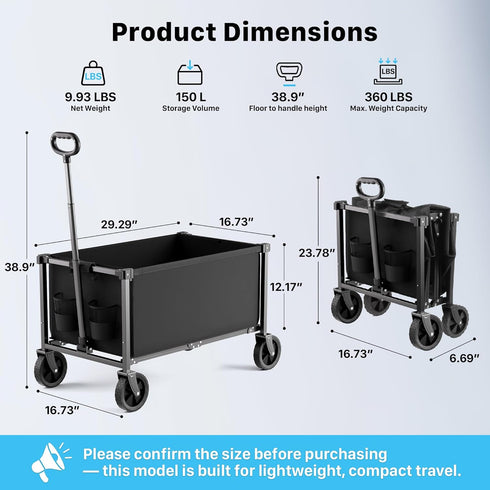 150L Collapsible Wagon Cart with Wheels, Lightweight Foldable Utility Cart, Portable Rolling Wagon for Garden