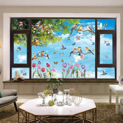Spring Window Cling Sticker, 78PCS Tulip Butterfly Flower Decals, Prevent Bird Strikes, Home Decor