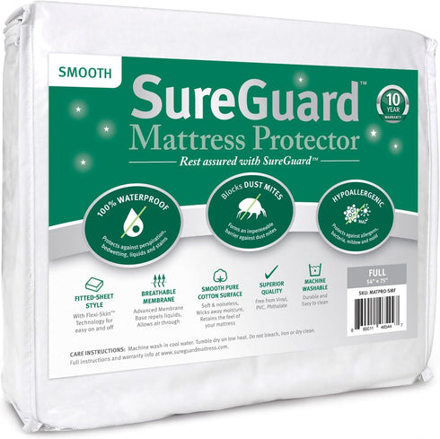 SureGuard Full Size Mattress Protector - 100% Waterproof, Hypoallergenic Premium Fitted Cotton Cover, Smooth