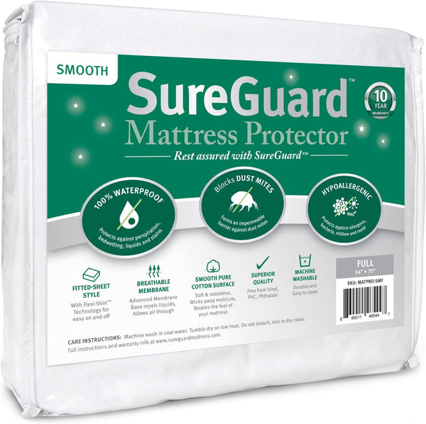 SureGuard Full Size Mattress Protector - 100% Waterproof, Hypoallergenic Premium Fitted Cotton Cover, Smooth