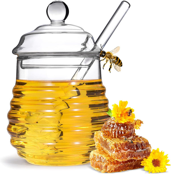 SlZKADY Honey Jar with Dipper and Lid,Glass Honey Pot Container Dispenser,Clear Glass Honey