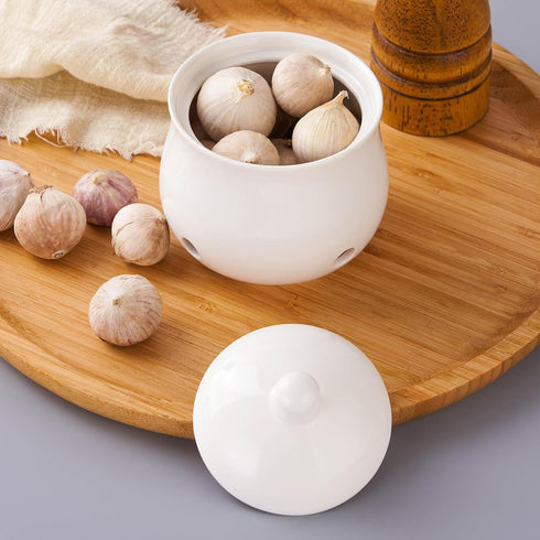 12 OZ Garlic Keeper with Lid, Porcelain Container for Countertop (White 12 OZ)