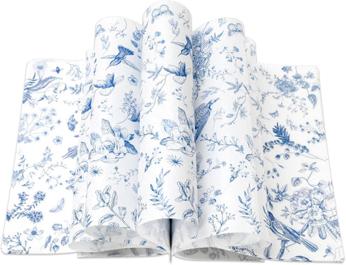 150Pcs Blue Floral Wax Paper, Chinoiserie Bird Flower Deli Paper, 9.8 x 8.3 Inch, Waterproof Oil-Proof Picnic Liners