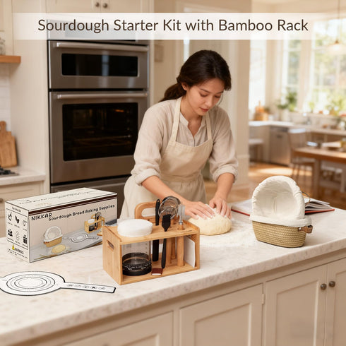 12 Set Nikkar Complete Sourdough Starter Kit with Bamboo Storage Rack Bread Baskets, Sourdough Bread Baking Supplies
