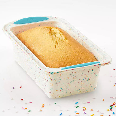 Trudeau 8.5 x 4.5 Loaf Pan, White Confetti with Blue, Regular Silicone Bakeware, 05120096