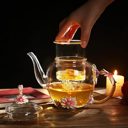 35OZ Luka Tech Enamel Glass Flower Teapot With Removable Loose Tea Leaf Infuser Tea Maker,Gifts For Women,Mom,Mothers