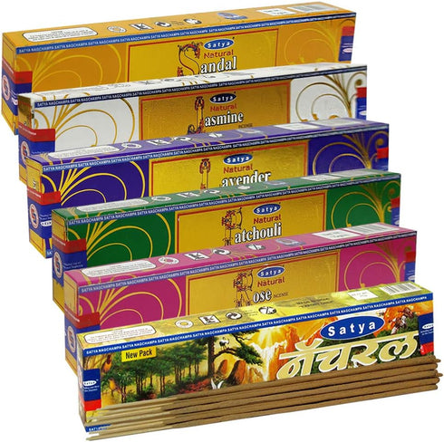 Satya Incense Sticks Variety Pack #1 - Incense Stick Holder Bundle with 6 Natural Series Fragrances