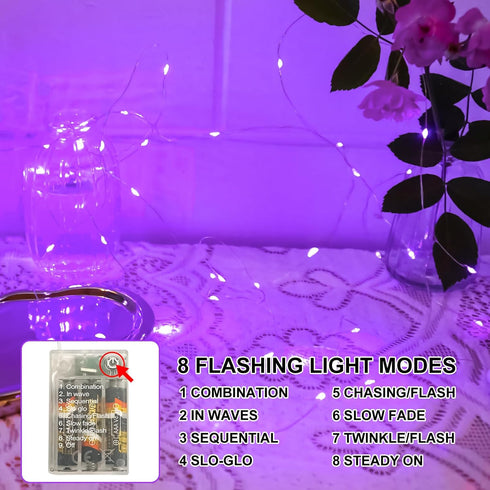 8 16FT 50Led Light Purple Fairy Lights Battery Operated (Included), Modes & Auto Timer, Mini Twinkle Lights, Waterproof