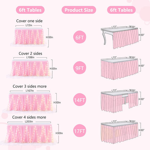 14FT Pink Tulle Table Skirt for Rectangle or Round Tables Ruffle Tulle Tutu Cloth Desk Table Skirt with LED Lights