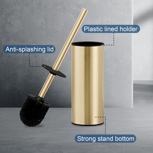 Set, 304 Toilet Brush and Holder NEWRAIN Stainless Steel Toilet Brush with Long Brush Handle, Brushed Gold Toilet