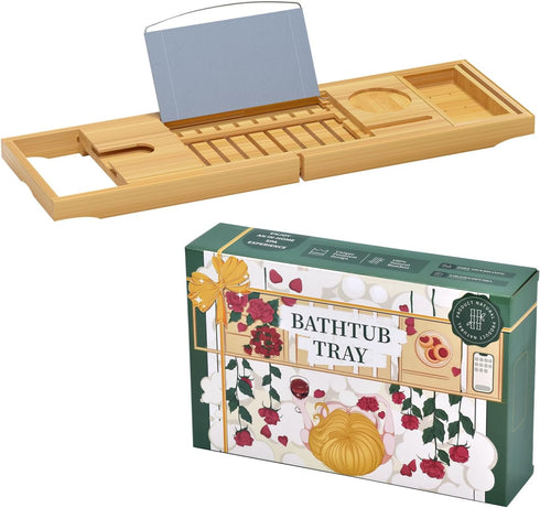 Sen Yi Bao Bamboo Luxury Bathtub Caddy Tray - Expandable Wood Bath Tray with Integrated Tablet, Smartphone, Wine Holder