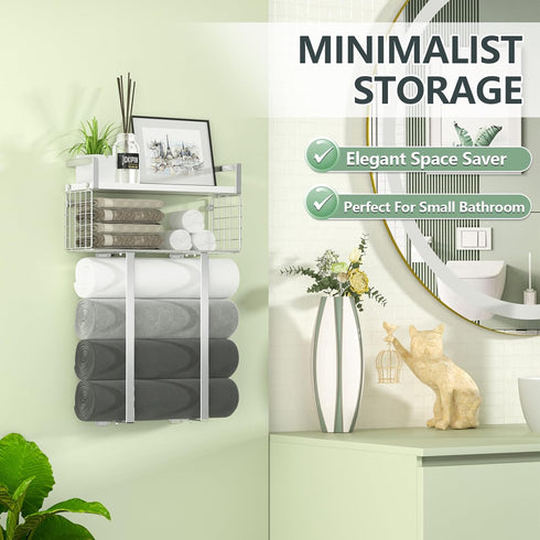 Towel Racks for Bathroom, Floating Shelves with Towel Rack and Paper Holder, Over Toilet Storage, Silver