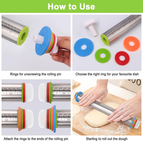 Adjustable Rolling Pin with Thickness Rings for Baking, Stainless Steel Dough Roller Pins for Cookie Decorating