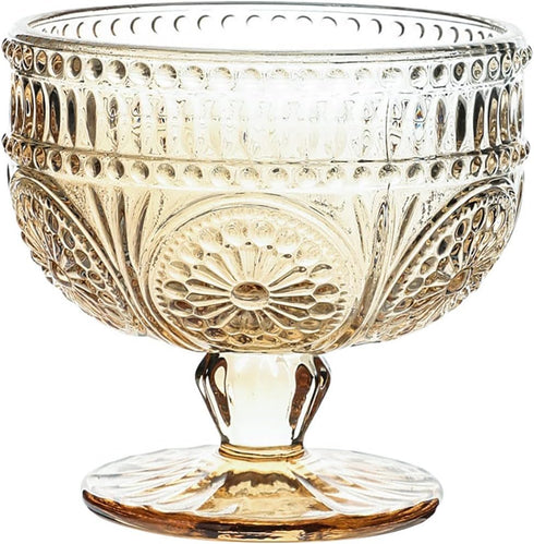 Vintage Sunflower Embossed Glass Footed Dessert Bowl, 9 oz Ice Cream, Trifle, Salad Bowl for Home Party Wedding, Amber