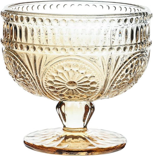 Vintage Sunflower Embossed Glass Footed Dessert Bowl, 9 oz Ice Cream, Trifle, Salad Bowl for Home Party Wedding, Amber