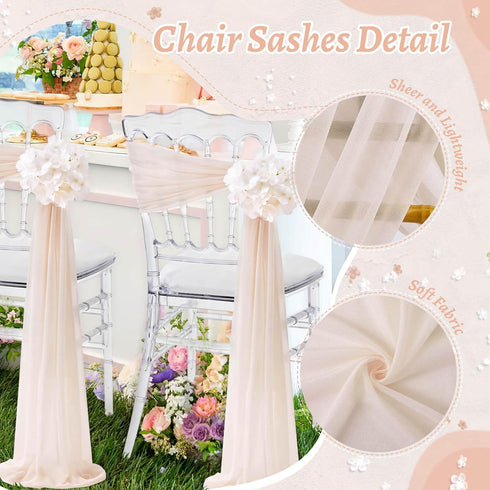 16 Pack SoarDream Champagne Wedding Chair Sashes, Sheer Tulle with Artificial Hydrangea Accents for Ceremony, Reception