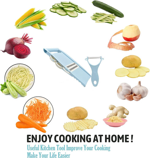 5 in 1 Mandoline Slicer for Kitchen, Blue Vegetable Slicer Multi Blade, Veggie Shredder, Potato Chip Cutter, Julienne