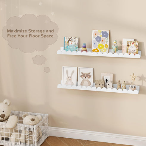 32 Inch Set 2, Fun Memories White Floating Shelf, Scalloped Picture Ledge for Nursery, of Wall Mounted Book Shelves