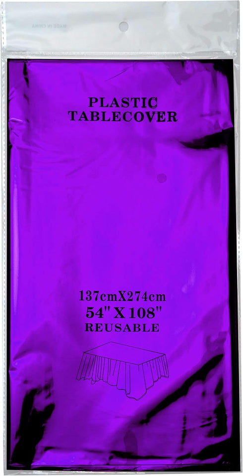 Purple Foil Tablecloth, Plastic Table Cover for Wedding, Birthday, Baby Shower, 54 x 108 Inch, 2pc