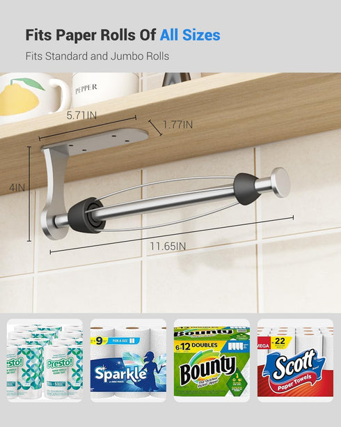 Paper Towel Holder Under Cabinet, One-Handed Tear, Wall Mount, Adhesive, Silver, Paper Roll Holder with Ratchet