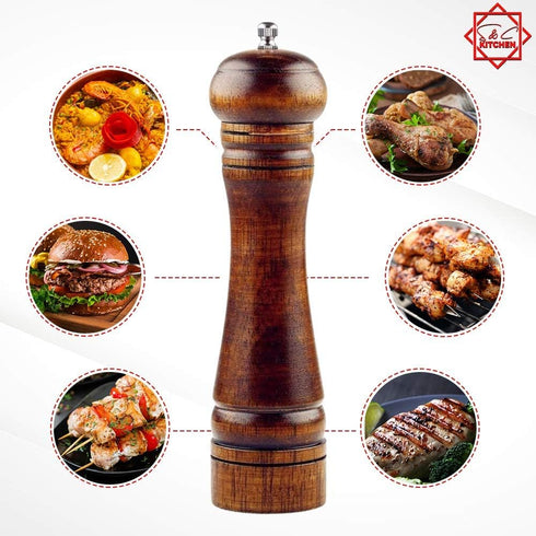 8 Inch Wooden Pepper Mill or Salt Mill with Cleaning Brush - Adjustable Ceramic Rotor, Refillable Oak Wood Grinder for