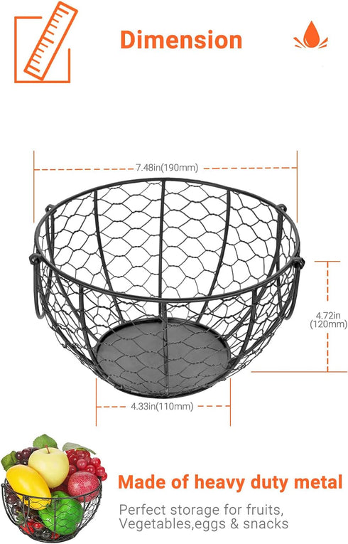 Round Wire Basket Black - Fruit Basket Bowl with Handle for Kitchen Storage of Vegetables and Snacks