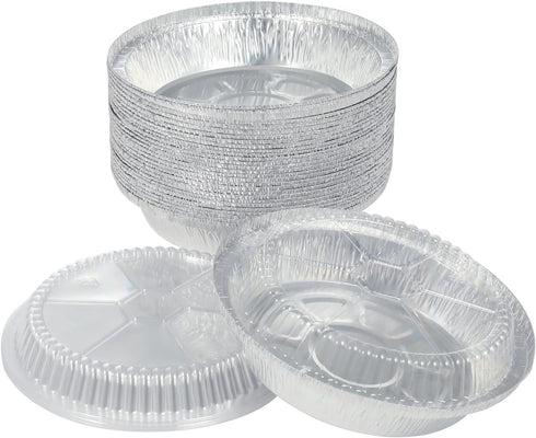 Premium 7-Inch Aluminum Round Foil Pans with Plastic Lids, Disposable Tin for Roasting, Baking, Cooking - 60pcs