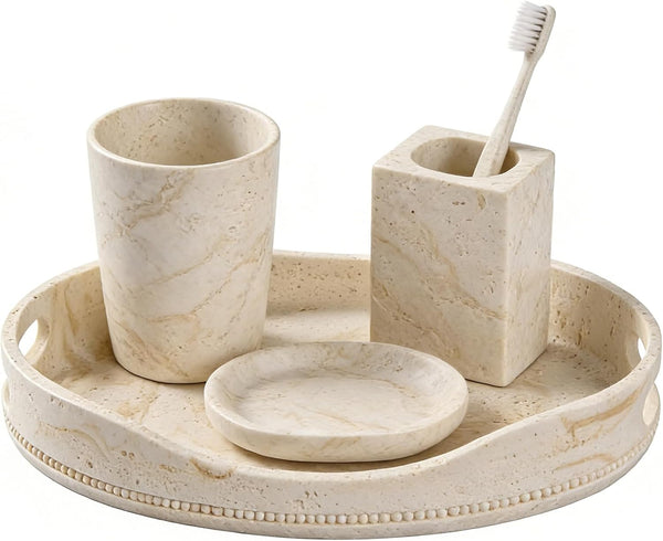 HOLOLA Natural Travertine Textures Serving Tray with Handles - 14x10 inches, Beaded Oval