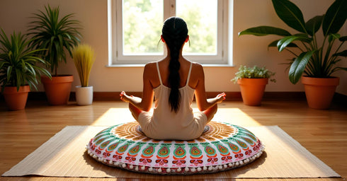 32" CRAFT KALA in Round Mandala Floor Pillow Cushion Cover Seating Throw Cover Hippie Decorative Bohemian Ottoman Poufs