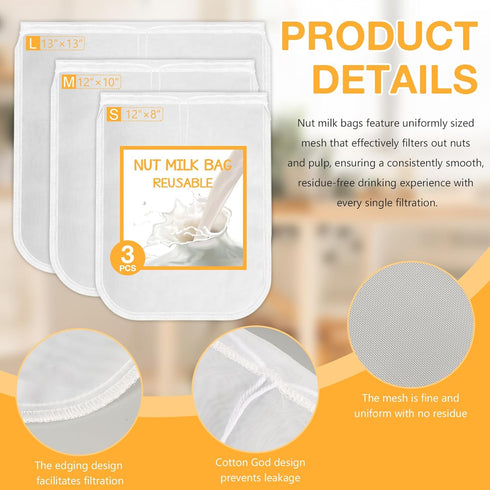 Darlingao 3 Pack (8"x12"/10"x12"/13"x13") Nut Milk Bag Reusable Fine Mesh Nylon Cheese Cloth Strainer Bags