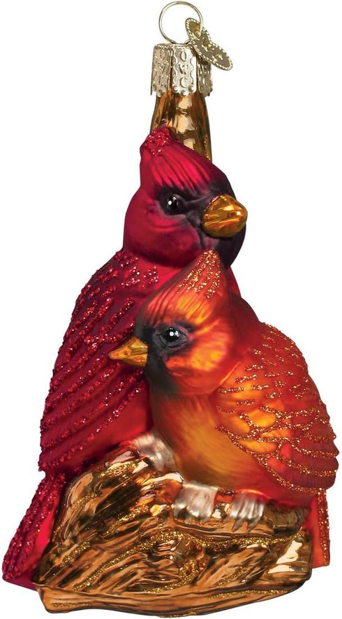 Old World Christmas Pair Bird Watcher Collection Glass Blown Ornaments, Northern Cardinal