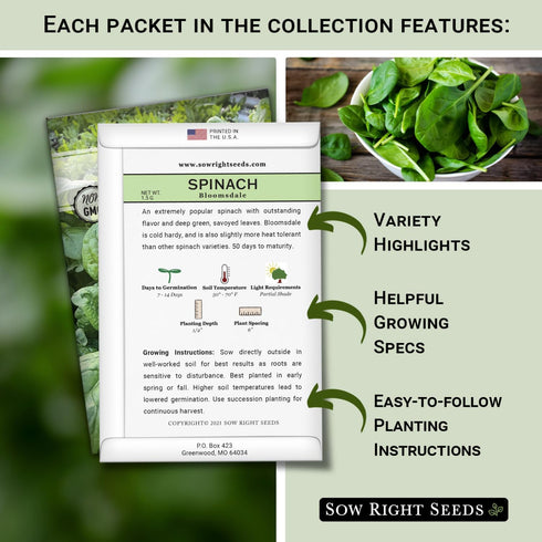 Sow Right Seeds - Large Greens Seed Collection for Planting - Spinach, Arugula, Kale, Lettuce, Tat SOI, Pak Choi