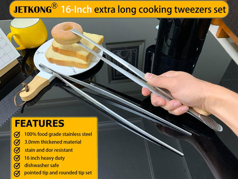 JETKONG 2 Pcs 16-Inch Kitchen Tweezers - Extra Long Heavy Duty Stainless Steel Cooking Tweezers (Silver).