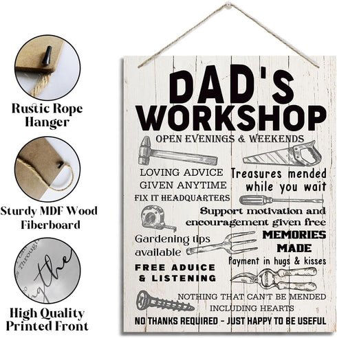 Rustic Dad's Workshop Sign - Father's Day Gift Idea from Daughter Son, Inspirational Decor for Garage, Tool Room