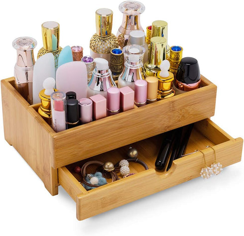 GOBAM Bamboo Wood Makeup Storage Drawer Organizer, Large Capacity Bathroom Beauty Countertop