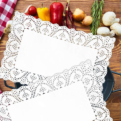 Lace Doilies Paper Rectangular - 100 Pieces, White Square Lace Paper Placemats for Tables, Cake, Baking, Wedding
