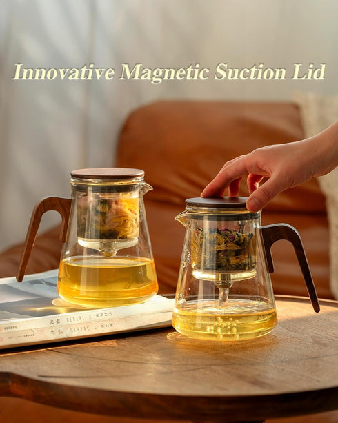 ZENS Magnetic Tea Pot, Enchanted Glass Teapot with Infuser and Magnetic Suction Lid for Mess-Free Loose Tea Diffusers