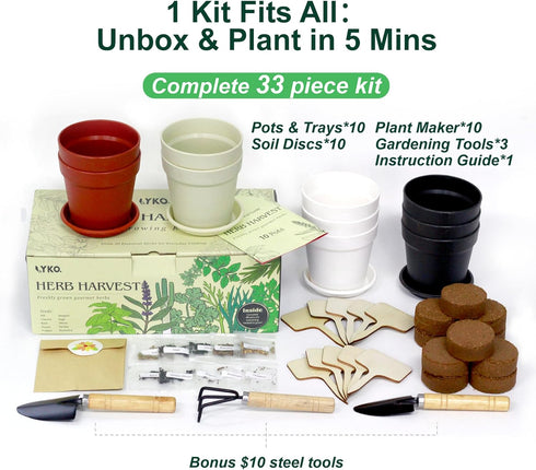 10 33pcs Set 4-Color Indoor Herb Garden Kit, Complete Kitchen Herb Starter Including Pots, Soil & Tools, Unique Gift