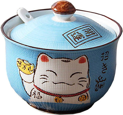 Ceramics Japanese Maneki Neko Lucky Cat, Sugar Salt Pepper Storage Jar with Lid