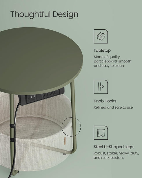 ULET228C04 VASAGLE LILEA Collection - Side Table with Charging Station, Round End Table with Fabric Basket, Nightstand