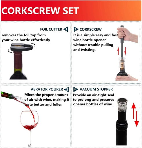 Air Pressure Pump Bottle Opener with Foil Cutter, Aerator Pourer, Vacuum Stopper (4PCS), Efficient Corkscrew